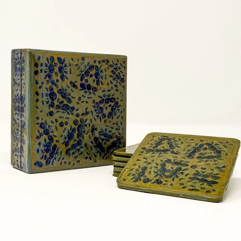 Vintage Kashmiri Papier Mache Lacquer Box 6 Hand Painted Floral Coasters